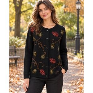 Vintage KB Collections Black Embroidered Leaf Cardigan Size Large